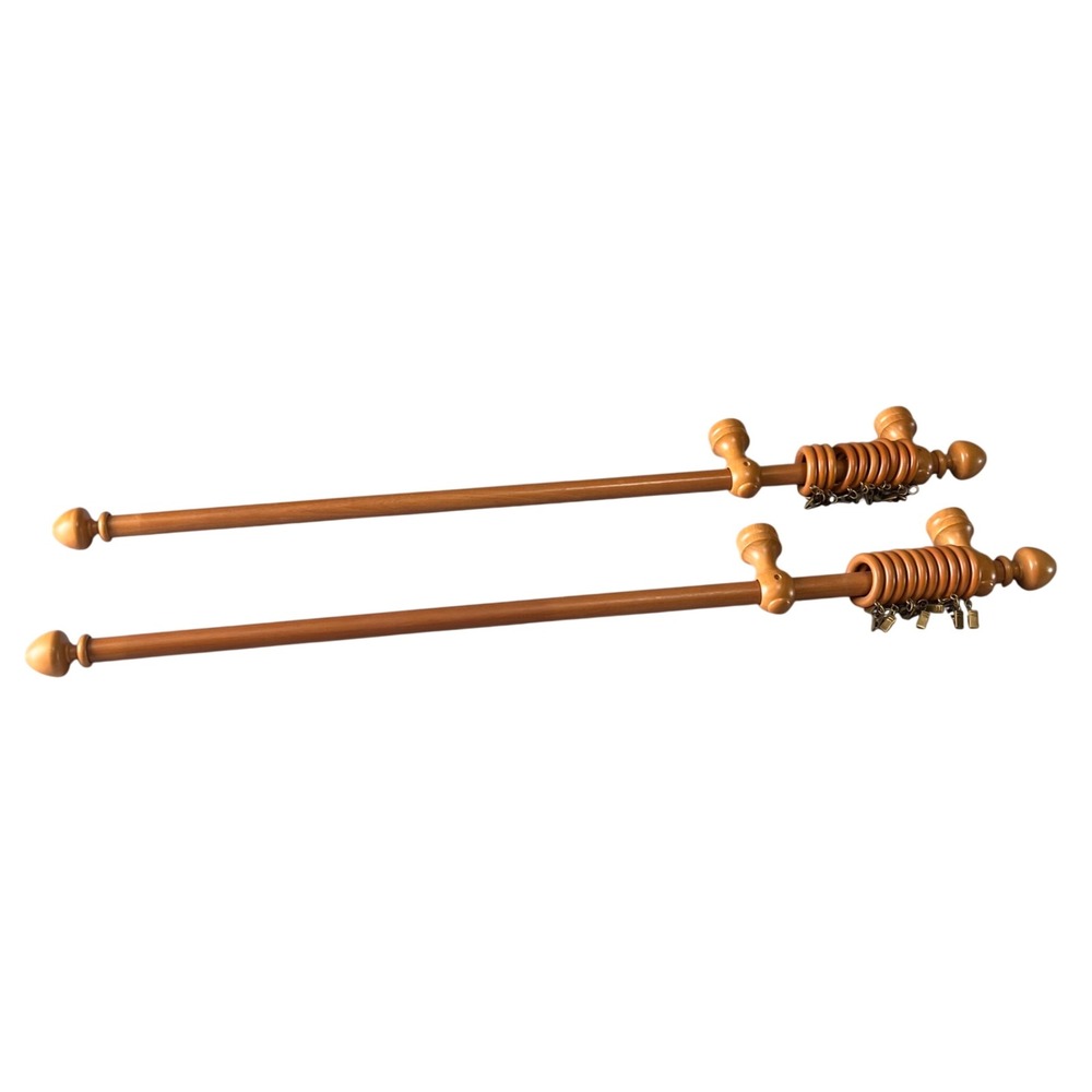 Vintage Wooden Drapery Curtain Rod Set of 2 Rings Clips Boho Farmhouse Cottage